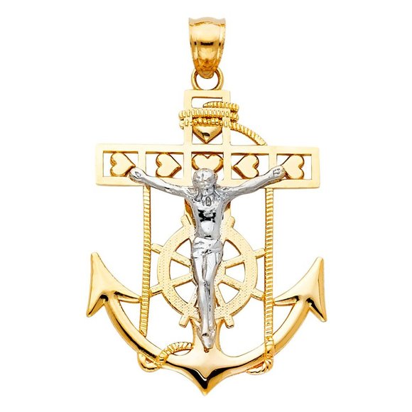14 KT Italian Two Toned Gold Mariner's Crucifix Religious Pendant - Picture 5 of 5